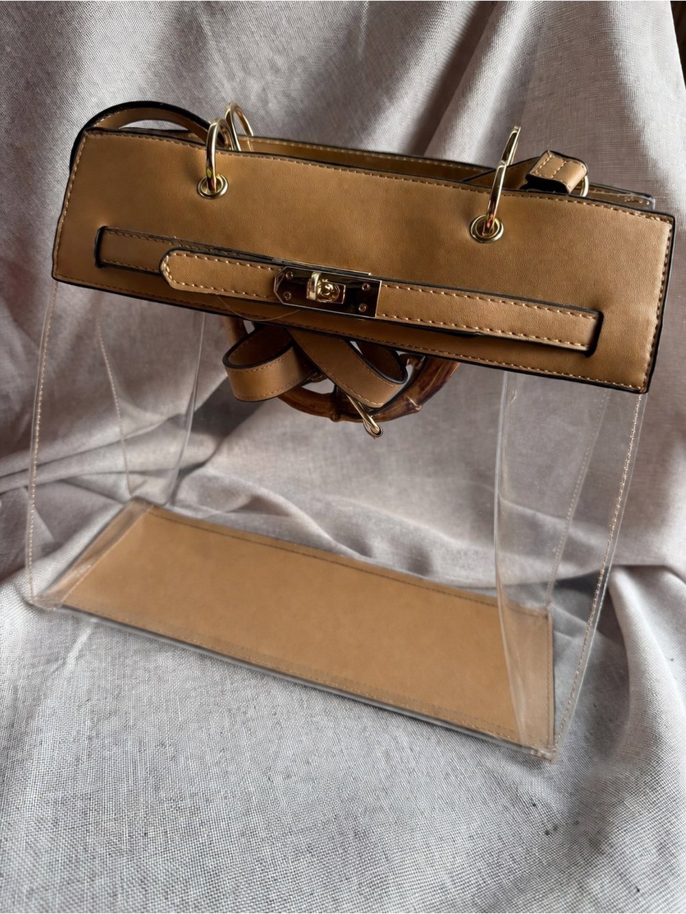 Cato Clear Tote with Tan Trim and Gold Hardware